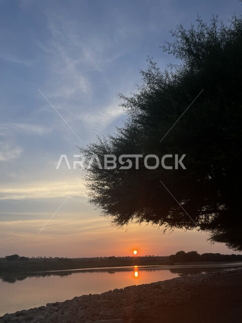 غروب الشمس على منتزه البحيرات في الرياض، منظر طبيعي للاشجار الخضراء أثناء الغروب، سماء زرقاء صافية، الطبيعة في مدينة الرياض بالمملكة العربية السعودية، أماكن ومعالم سياحية مشهورة