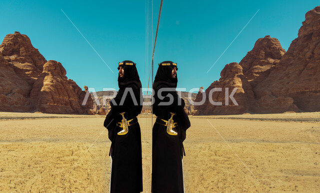 Rock formations and formations in the tourist governorate of Al-Ula, the reflection of a young man’s body on the Maraya Theater in Saudi Arabia, Day of Our Day 1727 AD, the anniversary of the founding of the first Saudi state on February 22, a picture from the side of a Saudi Gulf Arab man wearing a Founding Day costume enjoying one of the archaeological monuments