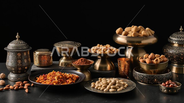  مأكولات غنية بالسكريات والسعرات الحرارية، أطباق وأصناف متنوعة من التسالي وقطع الحلوى الشهية، ضيافة رمضانية لذيذة من الحلويات العربية الشرقية، حلى العيد السعودي بالفستق والمكسرات