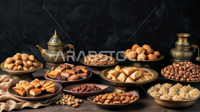 ضيافة رمضانية لذيذة من الحلويات العربية الشرقية، حلى العيد السعودي بالفستق والمكسرات، مأكولات غنية بالسكريات والسعرات الحرارية، أطباق وأصناف متنوعة من التسالي وقطع الحلوى الشهية