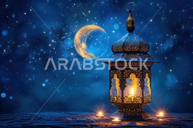 فوانيس وتحف تقليدية للاحتفال بقدوم شهر رمضان المبارك، أجواء رمضانية وروحانية إسلامية، فانوس عربي معدني مزخرف مضيء بجانب الهلال، زينة وديكورات الاعياد والمناسبات الدينية