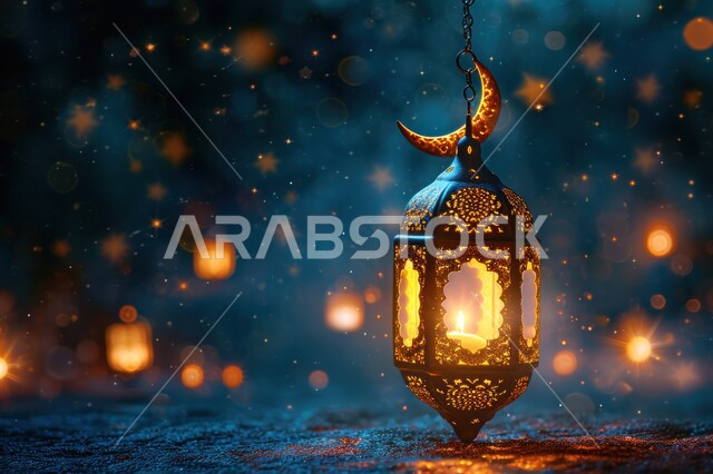 زينة وديكورات الاعياد والمناسبات الدينية، فوانيس وتحف تقليدية للاحتفال بقدوم شهر رمضان المبارك، أجواء رمضانية وروحانية إسلامية، فانوس عربي معدني مزخرف مضيء بجانب الهلال