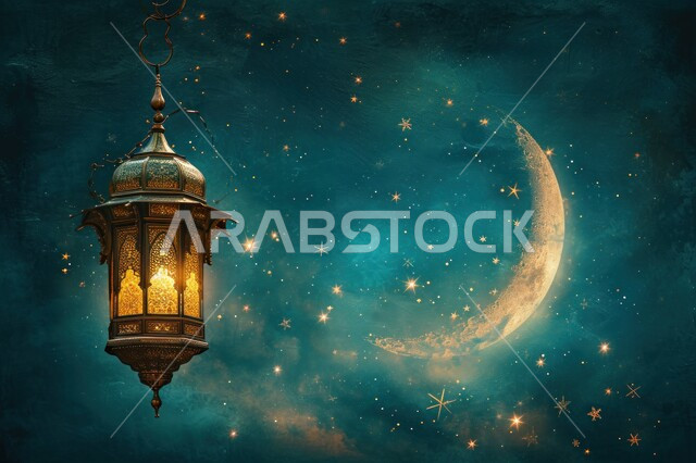 فانوس عربي معدني مزخرف مضيء بجانب الهلال، زينة وديكورات الاعياد والمناسبات الدينية، فوانيس وتحف تقليدية للاحتفال بقدوم شهر رمضان المبارك، أجواء رمضانية وروحانية إسلامية