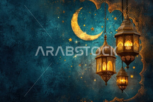 أجواء رمضانية وروحانية إسلامية، فانوس عربي معدني مزخرف مضيء بجانب الهلال، زينة وديكورات الاعياد والمناسبات الدينية، فوانيس وتحف تقليدية للاحتفال بقدوم شهر رمضان المبارك