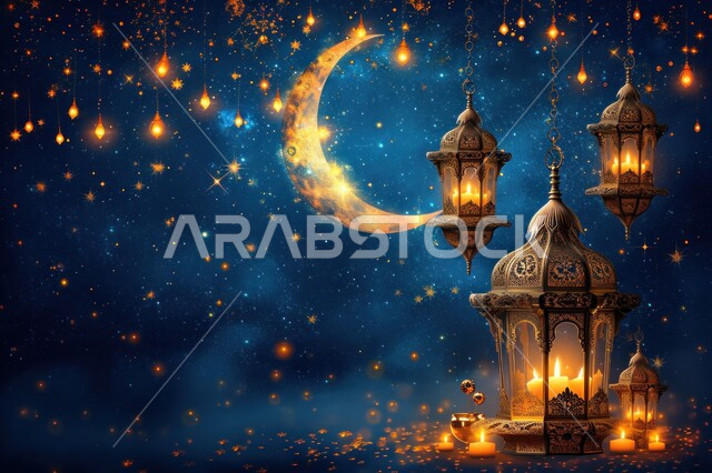 فوانيس وتحف تقليدية للاحتفال بقدوم شهر رمضان المبارك، أجواء رمضانية وروحانية إسلامية، فانوس عربي معدني مزخرف مضيء بجانب الهلال، زينة وديكورات الاعياد والمناسبات الدينية