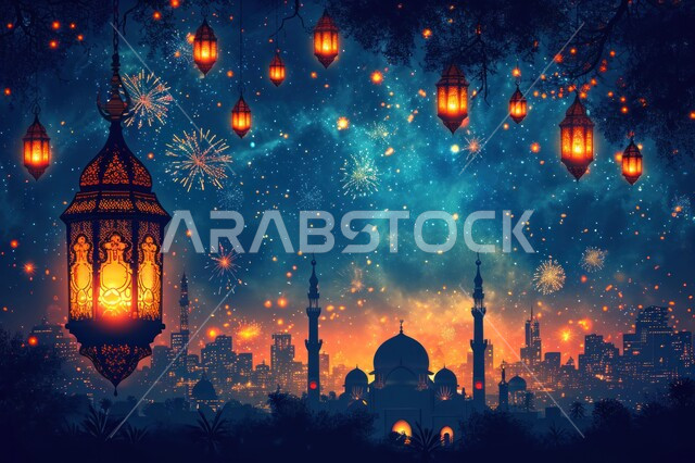 المصابيح الملكية المعلقة على أبواب المسجد للاحتفال بقدوم شهر رمضان المبارك, أجواء رمضانية وروحانية إسلامية, الاحتفال بقدوم شهر الخير, التحف التقليدية والفوانيس المعدنية المضيئة، إضاءة  وزينة الاعياد والمناسبات الدينية