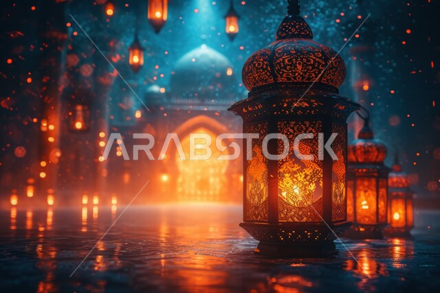 إضاءة  وزينة الاعياد والمناسبات الدينية, المصابيح الملكية المعلقة على أبواب المسجد للاحتفال بقدوم شهر رمضان المبارك, أجواء رمضانية وروحانية إسلامية, الاحتفال بقدوم شهر الخير, التحف التقليدية والفوانيس المعدنية المضيئة