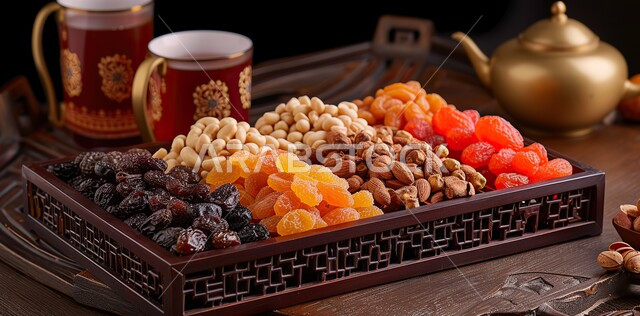 أطباق مليئة بالتمر والفواكه المجففة واللوز الطازجة، تمور ومكسرات صحية لذيذة، ضيافة ومشروبات ساخنة رمضانية شهية، غذاء صحي ومفيد، وجبة غذائية عالية الأهمية، منتجات ومحاصيل زراعية محلية سعودية وطنية