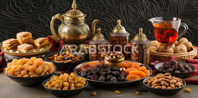 أطباق مليئة بالتمر والفواكه المجففة واللوز الطازجة، تمور ومكسرات صحية لذيذة، ضيافة ومشروبات ساخنة رمضانية شهية، غذاء صحي ومفيد، وجبة غذائية عالية الأهمية، منتجات ومحاصيل زراعية محلية سعودية وطنية