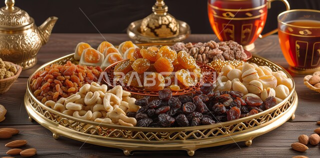 أطباق مليئة بالتمر والفواكه المجففة واللوز الطازجة، تمور ومكسرات صحية لذيذة، ضيافة ومشروبات ساخنة رمضانية شهية، غذاء صحي ومفيد، وجبة غذائية عالية الأهمية، منتجات ومحاصيل زراعية محلية سعودية وطنية