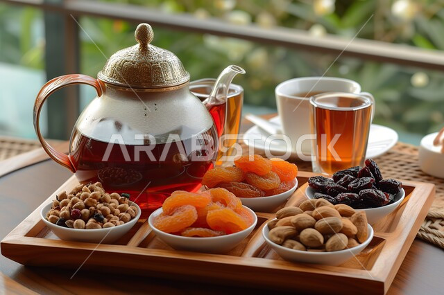  تمور ومكسرات صحية لذيذة، ضيافة ومشروبات ساخنة رمضانية شهية، غذاء صحي ومفيد، وجبة غذائية عالية الأهمية، منتجات ومحاصيل زراعية محلية سعودية وطنية، أطباق مليئة بالتمر والفواكه المجففة واللوز الطازجة