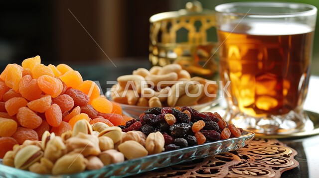 أطباق مليئة بالتمر والفواكه المجففة واللوز الطازجة، تمور ومكسرات صحية لذيذة، ضيافة ومشروبات ساخنة رمضانية شهية، غذاء صحي ومفيد، وجبة غذائية عالية الأهمية، منتجات ومحاصيل زراعية محلية سعودية وطنية