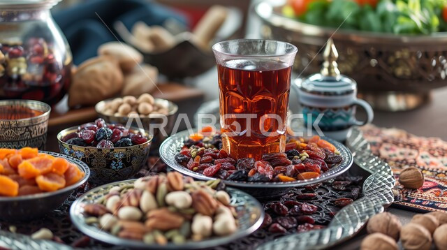 أطباق مليئة بالتمر والفواكه المجففة واللوز الطازجة، تمور ومكسرات صحية لذيذة، ضيافة ومشروبات ساخنة رمضانية شهية، غذاء صحي ومفيد، وجبة غذائية عالية الأهمية، منتجات ومحاصيل زراعية محلية سعودية وطنية