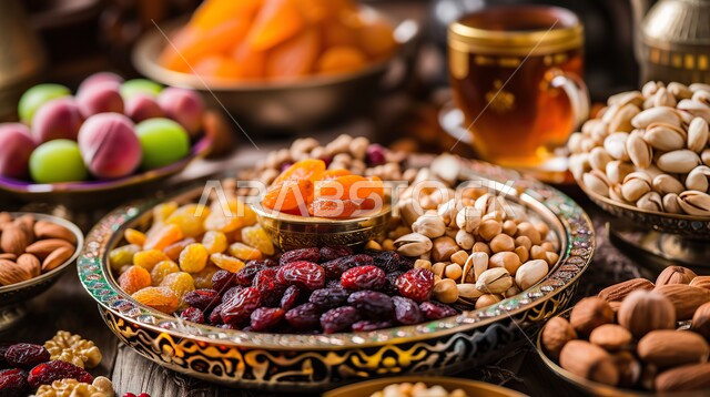أطباق مليئة بالتمر والفواكه المجففة واللوز الطازجة، تمور ومكسرات صحية لذيذة، ضيافة ومشروبات ساخنة رمضانية شهية، غذاء صحي ومفيد، وجبة غذائية عالية الأهمية، منتجات ومحاصيل زراعية محلية سعودية وطنية