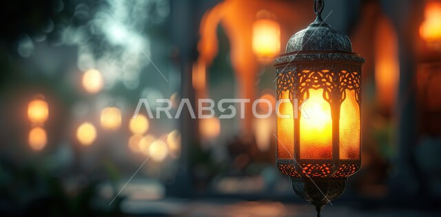 Lighting and decorations for the holy month of Ramadan, decorations and lights in the spiritual Ramadan atmosphere, Islamic art antiques and accessories, lanterns and traditional Islamic antiques to celebrate the coming of the month of goodness, a luminous decorative metal Arabic lantern.