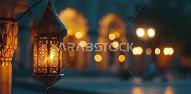  ديكورات وأنوار في الأجواء الرمضانية الروحانية، الفن الاسلامي للتحف والاكسسوارات، فوانيس و تحف اسلامية تقليدية للاحتفال بقدوم شهر الخير، فانوس عربي معدني مزخرف مضيء، إضاءة وزينة شهر رمضان المبارك