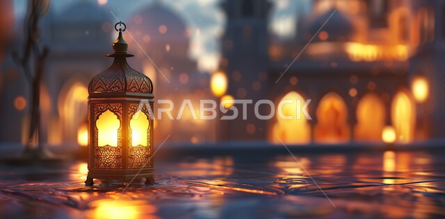 فانوس عربي معدني مزخرف مضيء، إضاءة وزينة شهر رمضان المبارك، ديكورات وأنوار في الأجواء الرمضانية الروحانية، الفن الاسلامي للتحف والاكسسوارات، فوانيس و تحف اسلامية تقليدية للاحتفال بقدوم شهر الخير