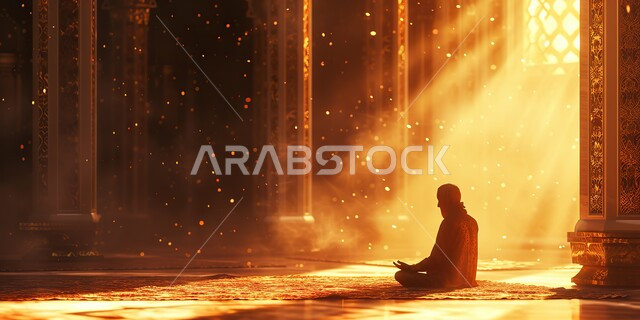 رسومات ثلاثية الأبعاد بقوالب دينية, الطاعة والتقرب إلى الله تعالى, اسلاميات وعبادة، الجلسات الاسلامية الروحانية الهادئة في شهر رمضان المبارك, رجل عربي خليجي سعودي يجلس في إحدى المساجد في المملكة العربية السعودية