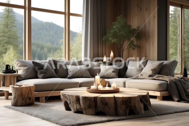 غرفة جلوس مع أريكة ووسائد رمادية اللون وواجهات زجاجية مطلة على المناظر الطبيعية, غرف معيشه بتصاميم عصرية حديثه، ديكورات داخليه أنيقة، تحف و إكسسوارات وأثاث منزلي راقي، تصاميم عصرية فاخرة، شقق وفلل سكنية 