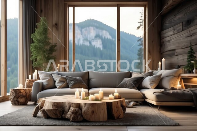 غرفة جلوس مع أريكة ووسائد رمادية اللون وواجهات زجاجية مطلة على المناظر الطبيعية, غرف معيشه بتصاميم عصرية حديثه، ديكورات داخليه أنيقة، تحف و إكسسوارات وأثاث منزلي راقي، تصاميم عصرية فاخرة، شقق وفلل سكنية 