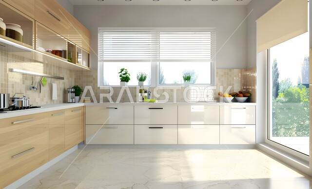 الفن الهندسي المعماري على الطراز الحديث، شقق وفلل سكنية بتصاميم عصرية، مطبخ ذو جدران بيضاء، تصميم داخلي للمطبخ بمفهوم جذاب ومتطور، تصاميم وديكورات مطابخ راقية 