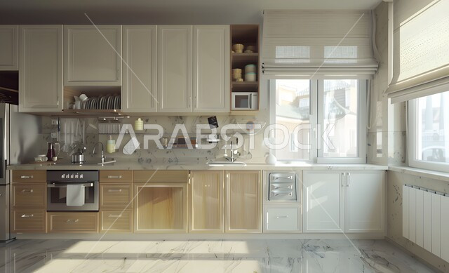  مطبخ ذو جدران بيضاء، تصميم داخلي للمطبخ بمفهوم جذاب ومتطور، تصاميم وديكورات مطابخ راقية, الفن الهندسي المعماري على الطراز الحديث، شقق وفلل سكنية بتصاميم عصرية