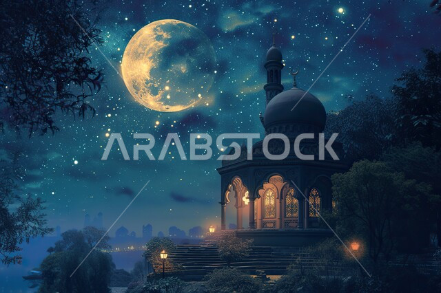 تصاميم توضيحية ثلاثية الابعاد للمآذن والقبب المزخرفه للمساجد الإسلامية، الديكورات والتصاميم الهندسية المميزة في رمضان المبارك، العبادة والتقرب إلى الله تعالى، قدوم شهر الخير، زينة الاعياد والمناسبات الدينية، خلفية زخارف اسلامية ثري دي