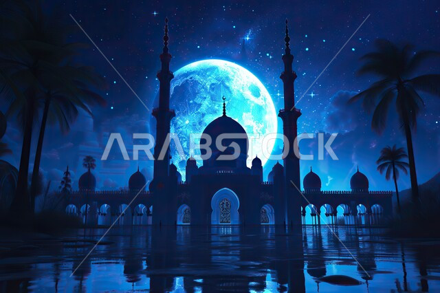 قدوم شهر الخير، تصاميم توضيحية ثلاثية الابعاد للمآذن والقبب المزخرفه للمساجد الإسلامية، الديكورات والتصاميم الهندسية المميزة في رمضان المبارك، العبادة والتقرب إلى الله تعالى، زينة الاعياد والمناسبات الدينية، خلفية زخارف اسلامية ثري دي