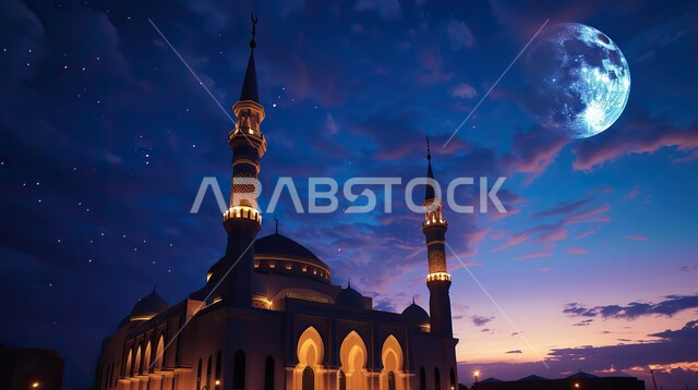 منظر القمر المضيء في السماء، قدوم شهر الخير، تصاميم توضيحية ثلاثية الابعاد للمآذن والقبب المزخرفه للمساجد الإسلامية، الديكورات والتصاميم الهندسية المميزة في رمضان المبارك، العبادة والتقرب إلى الله تعالى، زينة الاعياد والمناسبات الدينية