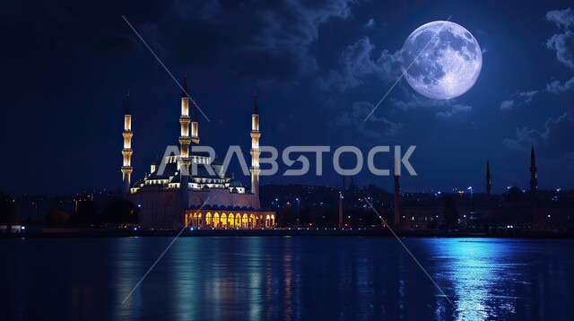 زينة الاعياد والمناسبات الدينية، منظر القمر المضيء في السماء، قدوم شهر الخير، تصاميم توضيحية ثلاثية الابعاد للمآذن والقبب المزخرفه للمساجد الإسلامية، الديكورات والتصاميم الهندسية المميزة في رمضان المبارك، العبادة والتقرب إلى الله تعالى