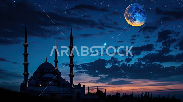 منظر القمر المضيء في السماء، قدوم شهر الخير، تصاميم توضيحية ثلاثية الابعاد للمآذن والقبب المزخرفه للمساجد الإسلامية، الديكورات والتصاميم الهندسية المميزة في رمضان المبارك، العبادة والتقرب إلى الله تعالى، زينة الاعياد والمناسبات الدينية