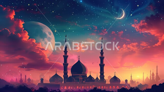 Distinctive decorations and geometric designs in the blessed Ramadan, decorations for holidays and religious occasions, the arrival of the month of goodness, three-dimensional illustrative designs for minarets and decorated domes of Islamic mosques, worship and getting closer to God Almighty, 3D Islamic background
