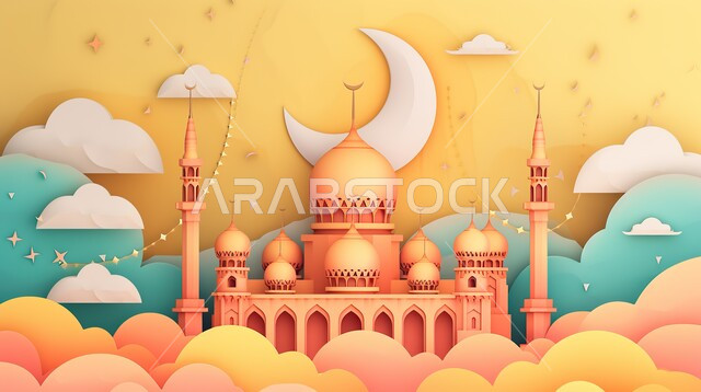 تصاميم توضيحية ثلاثية الابعاد للمآذن والقبب للمساجد الإسلامية، الديكورات والتصاميم الهندسية المميزة في رمضان المبارك، زينة الاعياد والمناسبات الدينية، قدوم شهر الخير، العبادة والتقرب إلى الله تعالى، خلفية اسلامية ثري دي