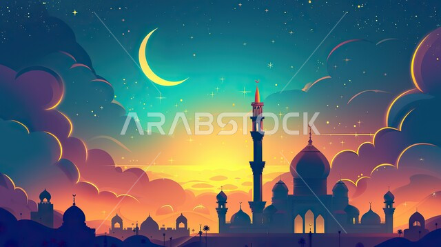 Distinctive decorations and geometric designs in the blessed Ramadan, decorations for holidays and religious occasions, the arrival of the month of goodness, three-dimensional illustrative designs for minarets and decorated domes of Islamic mosques, worship and getting closer to God Almighty, 3D Islamic background