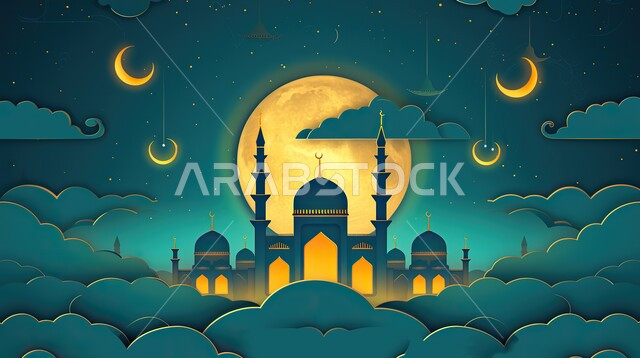 تصاميم توضيحية ثلاثية الابعاد للمآذن والقبب للمساجد الإسلامية، الديكورات والتصاميم الهندسية المميزة في رمضان المبارك، زينة الاعياد والمناسبات الدينية، قدوم شهر الخير، العبادة والتقرب إلى الله تعالى، خلفية اسلامية ثري دي
