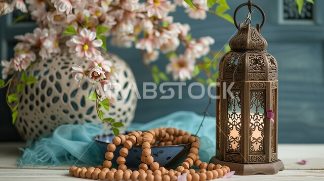 زينة وديكورات الاعياد والمناسبات الدينية، فوانيس وتحف تقليدية للاحتفال بقدوم شهر رمضان المبارك، أجواء رمضانية وروحانية إسلامية، فانوس عربي معدني مزخرف مضيء بجانب سبحة