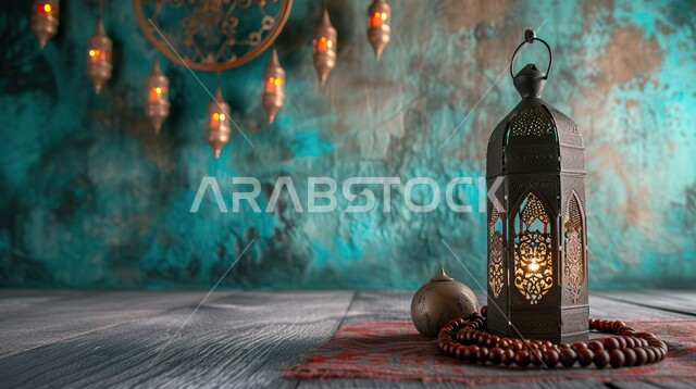 Traditional lanterns and antiques to celebrate the advent of the holy month of Ramadan, Ramadan and Islamic spiritual atmosphere, decorations and decorations for holidays and religious occasions, a decorative, illuminated metal Arabic lantern next to a rosary.