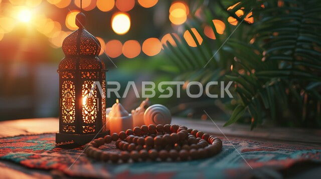 زينة وديكورات الاعياد والمناسبات الدينية، فوانيس وتحف تقليدية للاحتفال بقدوم شهر رمضان المبارك، أجواء رمضانية وروحانية إسلامية، فانوس عربي معدني مزخرف مضيء بجانب سبحة