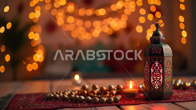 Traditional lanterns and antiques to celebrate the advent of the holy month of Ramadan, Ramadan and Islamic spiritual atmosphere, decorations and decorations for holidays and religious occasions, a decorative, illuminated metal Arabic lantern next to a rosary.