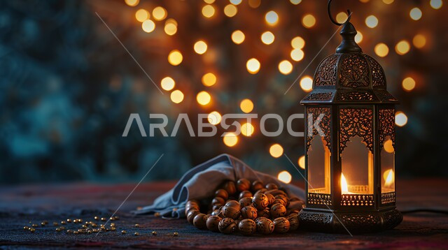 فانوس عربي معدني مزخرف مضيء بجانب سبحة، فوانيس وتحف تقليدية للاحتفال بقدوم شهر رمضان المبارك، أجواء رمضانية وروحانية إسلامية، زينة وديكورات الاعياد والمناسبات الدينية