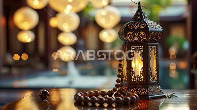 فانوس عربي معدني مزخرف مضيء بجانب سبحة، فوانيس وتحف تقليدية للاحتفال بقدوم شهر رمضان المبارك، أجواء رمضانية وروحانية إسلامية، زينة وديكورات الاعياد والمناسبات الدينية
