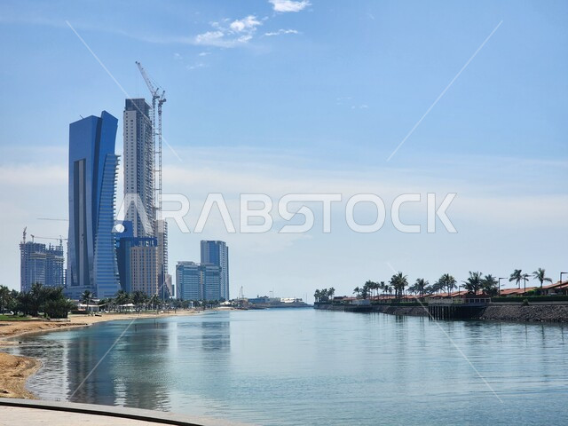 Horoscopes and skyscrapers in modern style, parks and parks in the new Jeddah Corniche Landscape, famous and distinctive tourist places and landmarks, picturesque nature in the Jeddah Corniche in Saudi Arabia, tourism in the Kingdom of Saudi Arabia, natural background