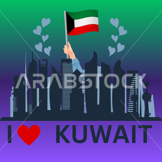 Raise the banner of Kuwait, an illustrative copy of the constellations and the skyscrapers of advice in Kuwait, celebration of the Kuwaiti National Day, pride and pride in the country's achievements, celebrating the Kuwaiti National Day February 25, national occasions and holidays, Hala February