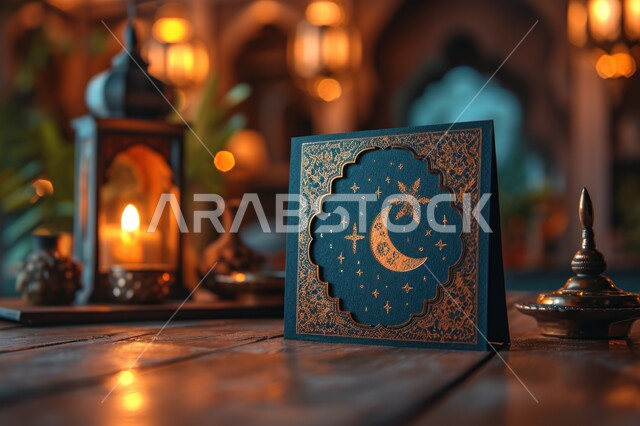 بطاقة تهنئة رمضانية إسلامية، فانوس عربي معدني مزخرف مضيء، زينة الاعياد والمناسبات الدينية، فوانيس وتحف تقليدية للاحتفال بقدوم شهر رمضان المبارك
