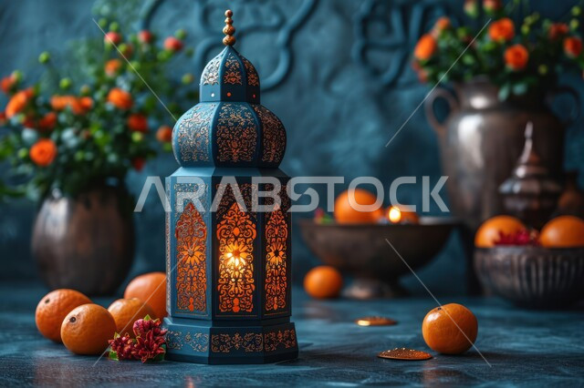حبات البرتقال الطازجة المتناثرة حول فانوس عربي معدني مزخرف مضيء، أجواء رمضانية وروحانية إسلامية، زينة الاعياد والمناسبات الدينية، فوانيس وتحف تقليدية للاحتفال بقدوم شهر رمضان المبارك