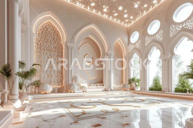 أماكن دينية مقدسة للتقرب الى الله وأداء العبادات، الفن الهندسي المعماري المتطور للمساجد، الديكورات والتصاميم الداخلية على الطراز الإسلامي العصري، الفنون والزخارف الفاخرة لجدران وأعمدة المسجد باللون الابيض