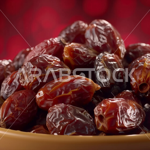 وجبة ذات قيمة غذائية عالية، ضيافة رمضانية تقليدية، صورة مقربة لطبق مليئ بحبات التمر السكري الصحي، منتح وطني محلي، النباتات والمحاصيل الزراعية المحلية، تمور من نخيل المملكة العربية السعودية