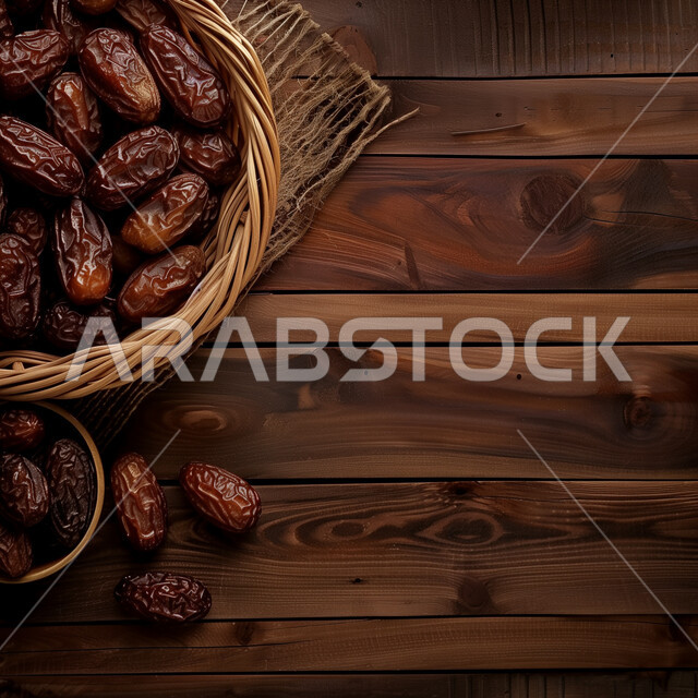 النباتات والمحاصيل الزراعية المحلية، تمور من نخيل المملكة العربية السعودية، منتح وطني محلي، وجبة ذات قيمة غذائية عالية، ضيافة رمضانية تقليدية، صورة مقربة لحبات التمر السكري الصحي في سلة من القش، خلفية طاولة خشبية
