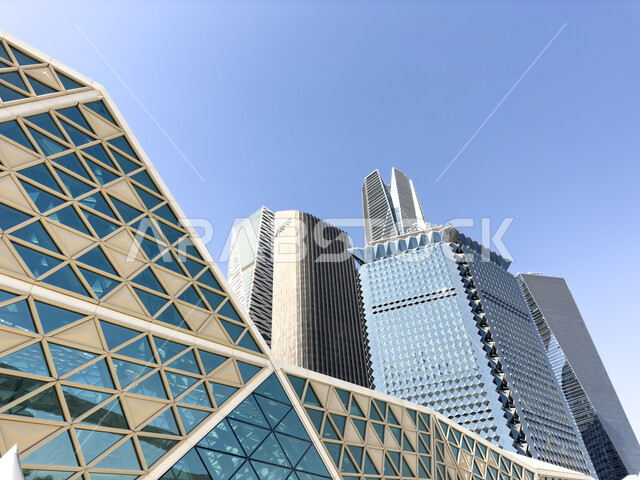Interest in the economic and commercial renaissance, distinguished architecture, the ideal destination for money and business with international standards, the King Abdullah Financial Center (KAFED) in the city of Riyadh in Saudi Arabia, the towers and skyscrapers in the Kingdom of Saudi Arabia during daylight