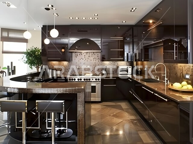 ديكورات داخلية حديثة لمطبخ داخل شقة سكنية في الملكة العربية السعودية، أثاث كلاسيكي فاخر، الاواني المرتبة على الرفوف، تحف واكسسوارات عصرية، استخدام النباتات المنزلية للزينة